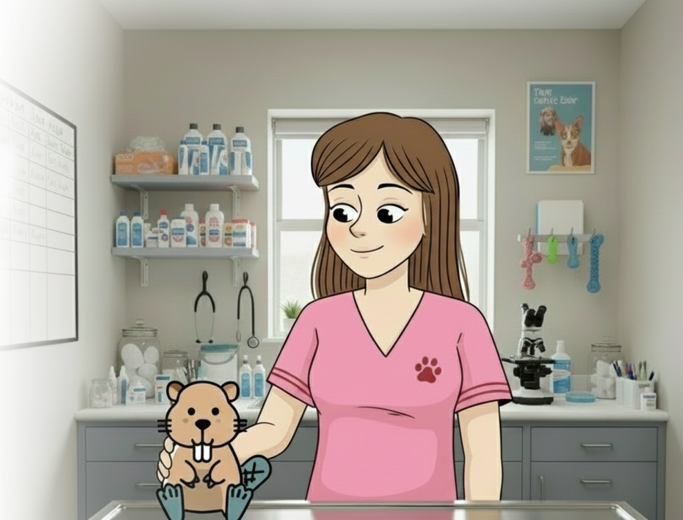 Un vétérinaire en blouse rose faisant confiance à Pit pour la gestion RH